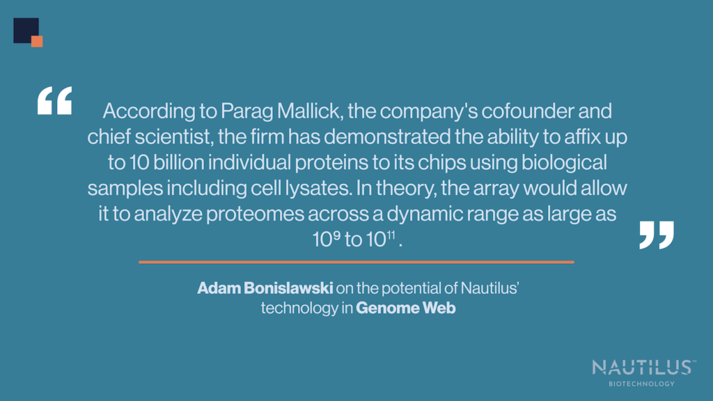 Quote from New Proteomic Technologies Firms Leading With Targeted Analyses. The quote reads "According to Parag Mallick, the company's cofounder and chief scientist, the firm has demonstrated the ability to affix up to 10 billion individual proteins to its chips using biological samples including cell lysates. In theory, the array would allow it to analyze proteomes across a dynamic range as large as 10^9 to 10^11."