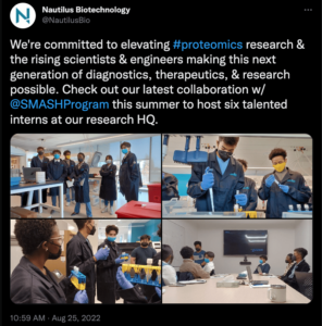 Screenshot of a Tweet from the Nautilus Biotechnology Twitter account. This tweet features Nautilus' summer interns from the SMASH program.