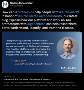Screenshot featuring a Tweet from the Nautilus Biotechnology Twitter account focused on Nautilus' collaboration with Genentech analyzing proteins involved in Alzheimer's disease.