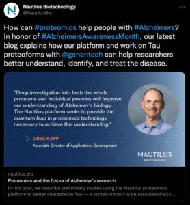 Tweet from Nautilus Biotechnology focused on Nautilus’ collaboration with Genentech