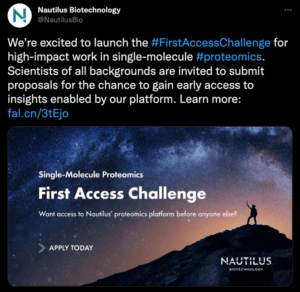 Tweet from Nautilus Biotechnology highlighting Nautilus’ First Access Challenge