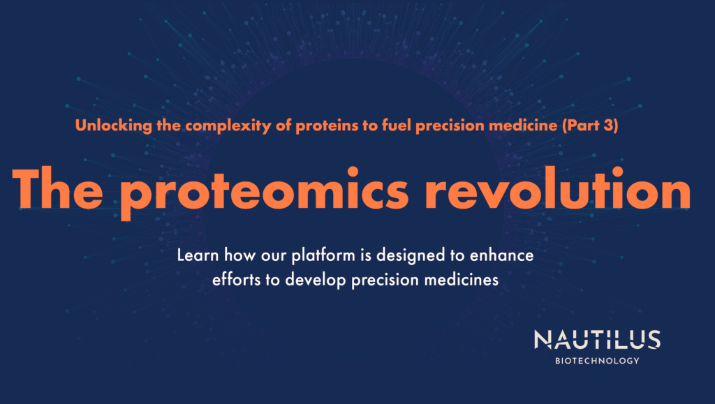 Orange text over a blue background promoting the proteomics revolution white paper series