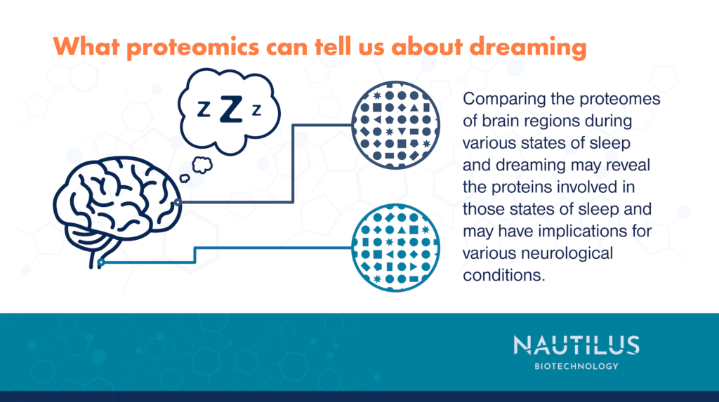 A brain with a thought cloud indicating it’s asleep and patterns indicating different proteome profiles in different parts of the brain