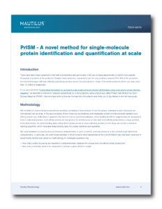 Thumbnail image for the Nautilus Biotechnology tech note titled "PrISM - A novel method for single-molecule protein identification and quantification at scale"