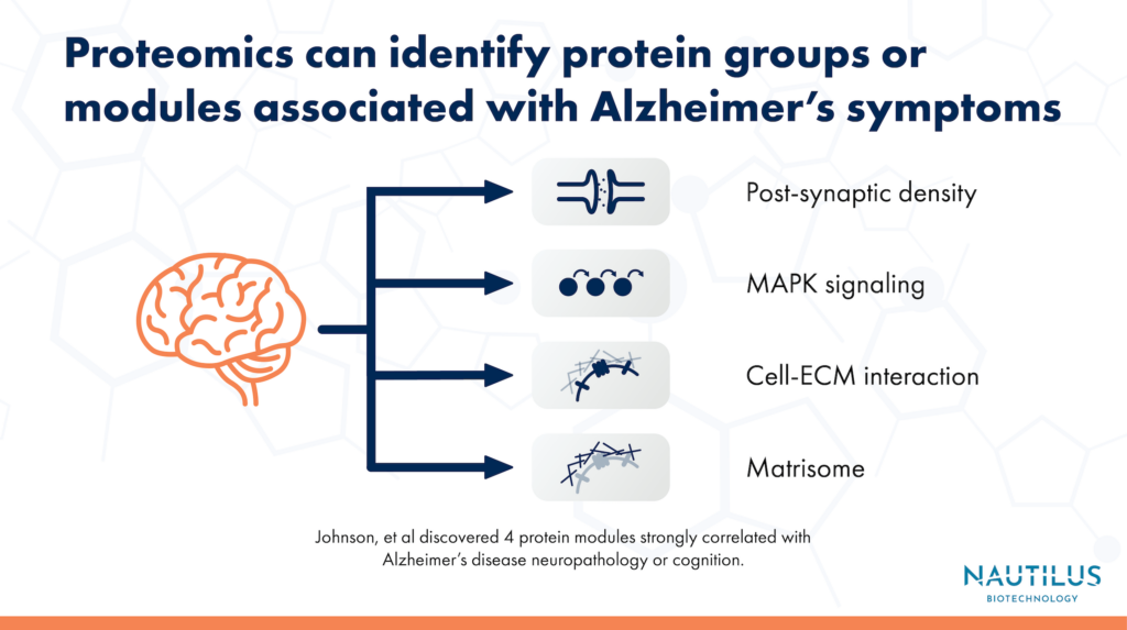 Orange brain with arrows coming from the brain and pointing to a synapse, a protein signaling pathway, extracellular matrix, and the matrisome.