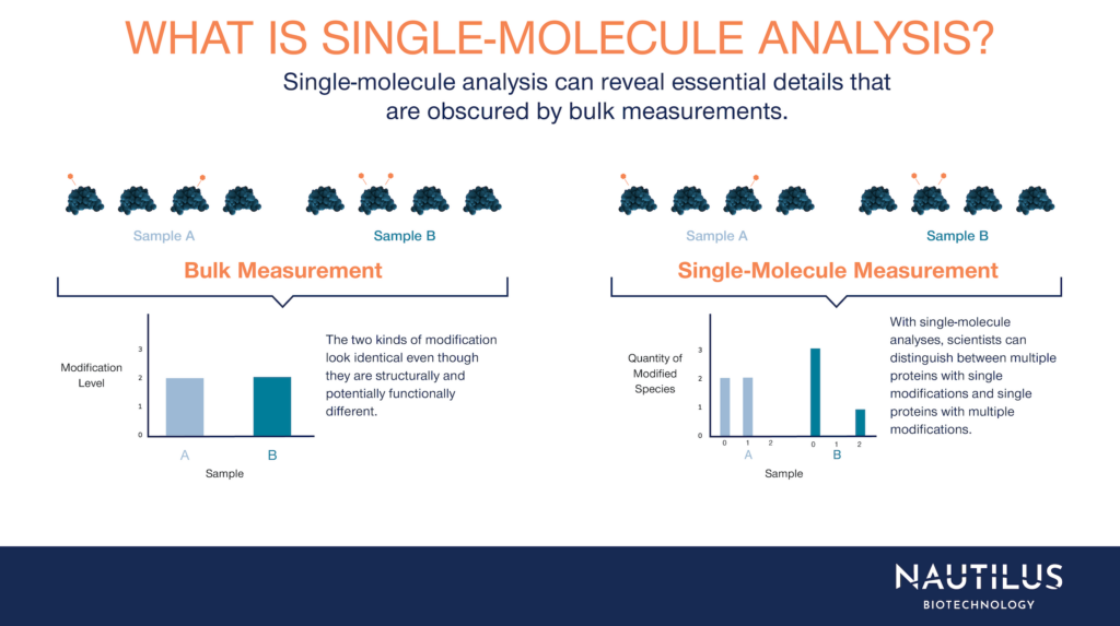 Image depicting the benefits of single-molecule analysis. On the left side of the image we see two samples containing 4 proteins each with different levels of modification. A graph below the samples shows that, even though individual proteins are modified differently in each sample, bulk measurements make the level of modification look the same. On the right side of the image we see the same samples, but the graph below shows that, with single-molecule analysis, researchers can see how each individual molecule has been modified and identify the differences between the samples. The top of the image reads, "What is single-molecule analysis? Single-molecule analysis can reveal essential details that are obscured by bulk measurements." The left side of the image reads, "Bulk Measurement - The two kinds of modification look identical even though they are structurally and potentially functionally different." The right side of the image reads, "Single-Molecule Measurement - With single-molecule analyses, scientists can distinguish between multiple proteins with single modifications and single proteins with multiple modifications"