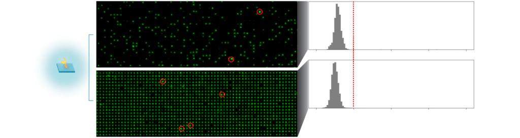 Fluorescent intensities from individual landing pads on Nautilus’ hyper-dense arrays show it is very rare to have more than one protein attached to a landing pad.