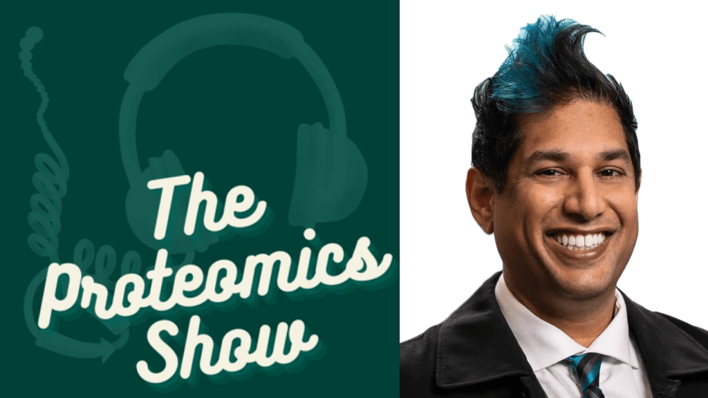 The Proteomics Show podcast logo next to a headshot of Parag Mallick.