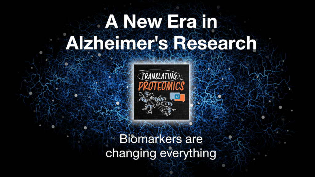 Translating Proteomics logo over blue neurons with white lights