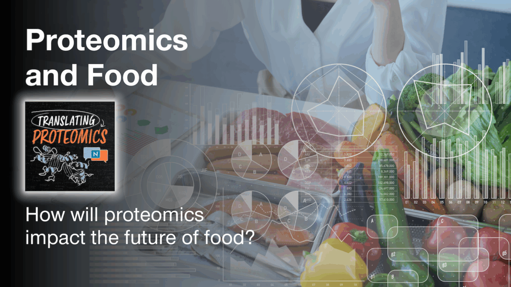 A scientist writing in a notebook next to various food samples. Overlayed over the image of the scientist/food we see the translating proteomics logo as well as various charts and graphs.