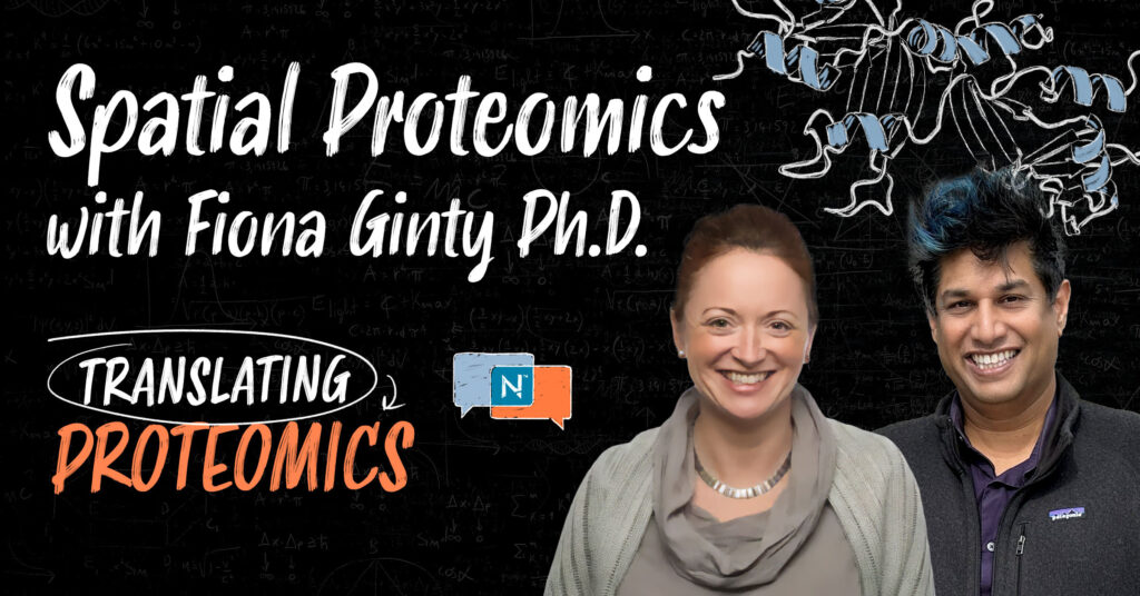 Headshots of Fiona Ginty and Parag Mallick next to a protein structure and the Translating Proteomics logo
