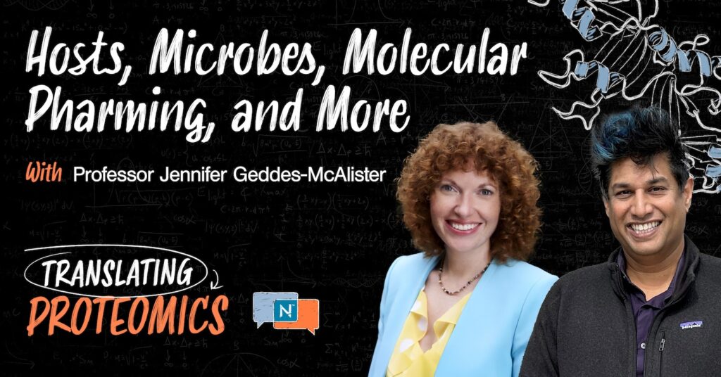Headshots of Professor Jennifer Geddes-McAlister and Parag Mallick next to the logo for the Translating Proteomics podcast